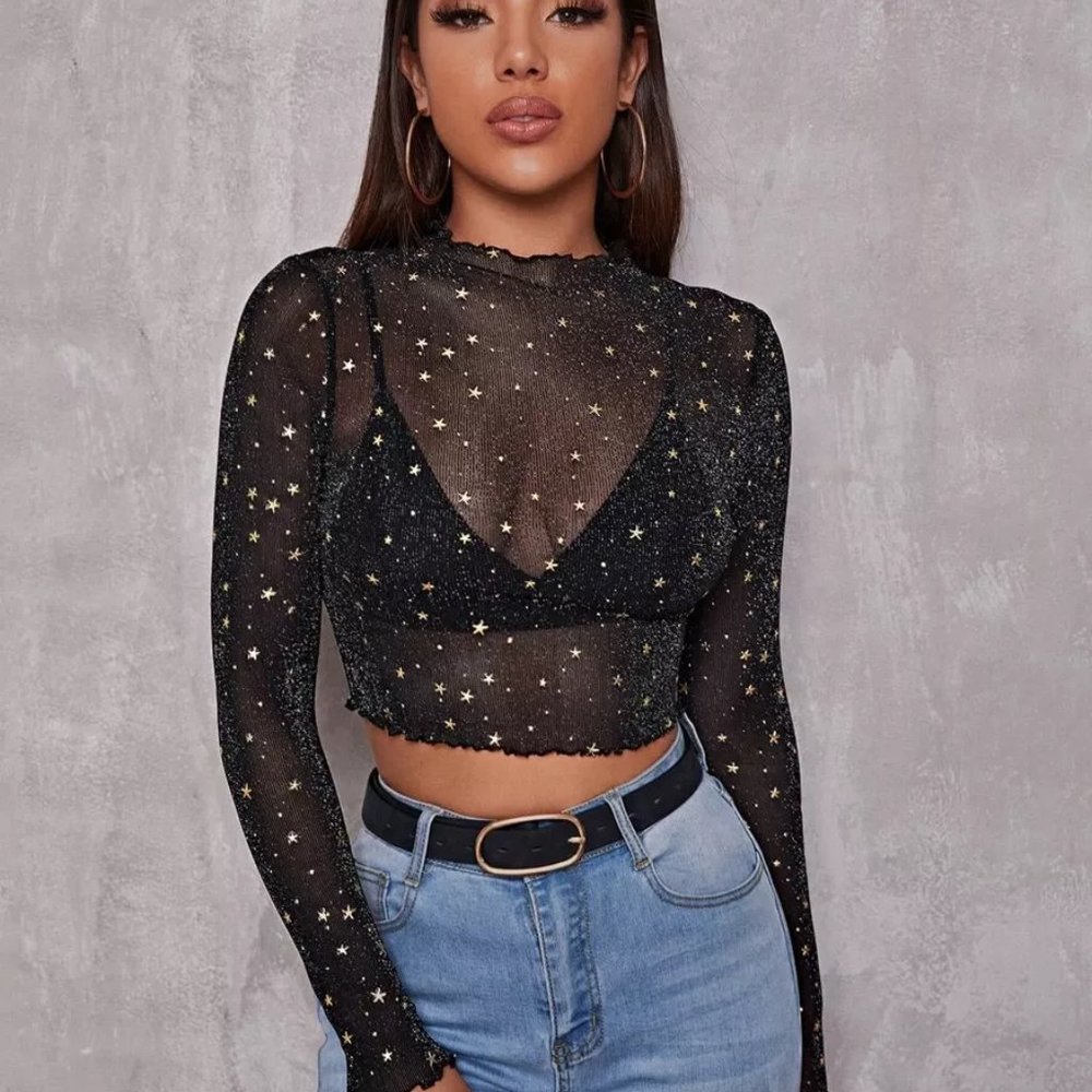 Lettuce Trim Star Mesh Crop Top